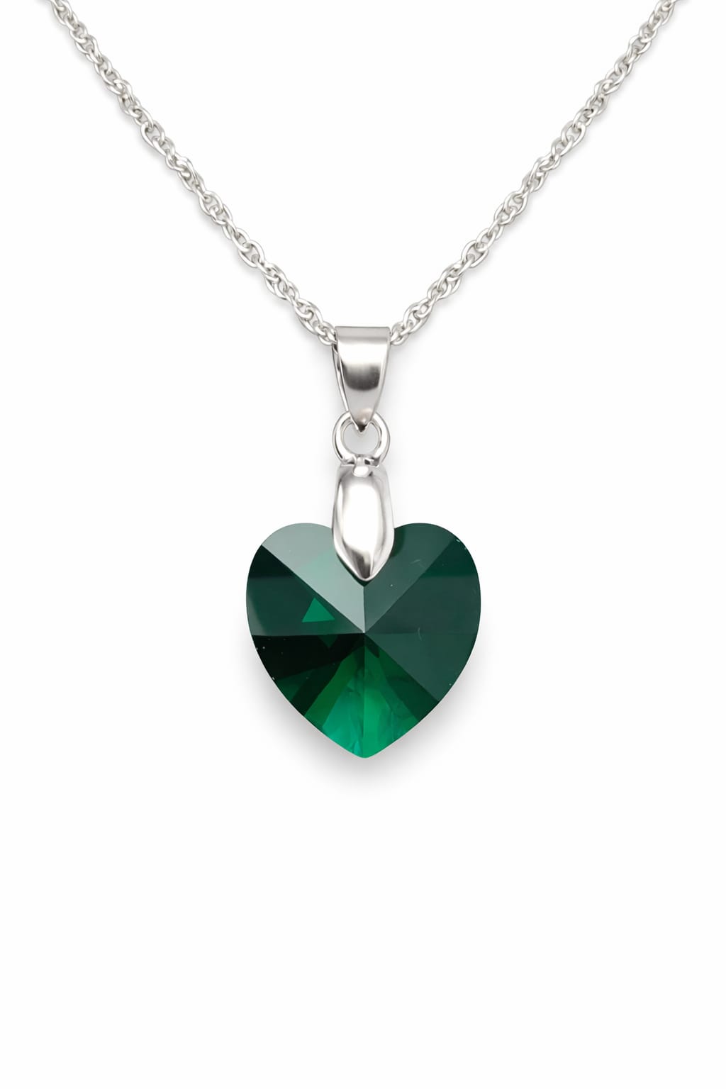 Colar Feminino Prata Singapura com Pingente Coração Swarovski 14mm Esmeralda