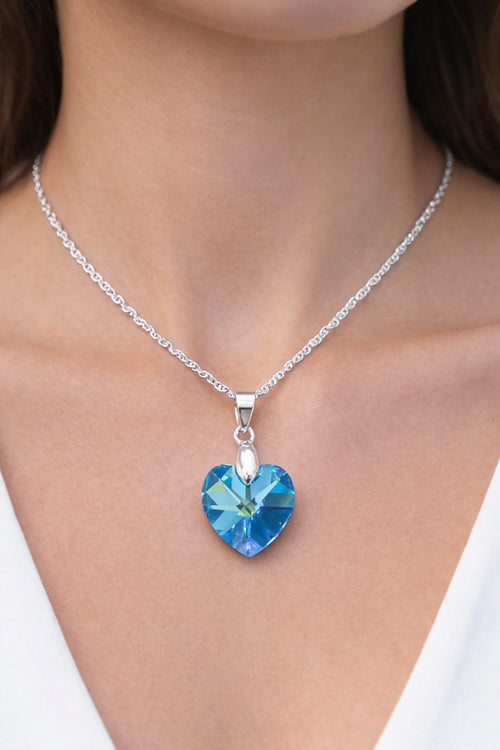 Colar Feminino Prata Singapura com Pingente Coração Swarovski 14mm Aquamarine AB