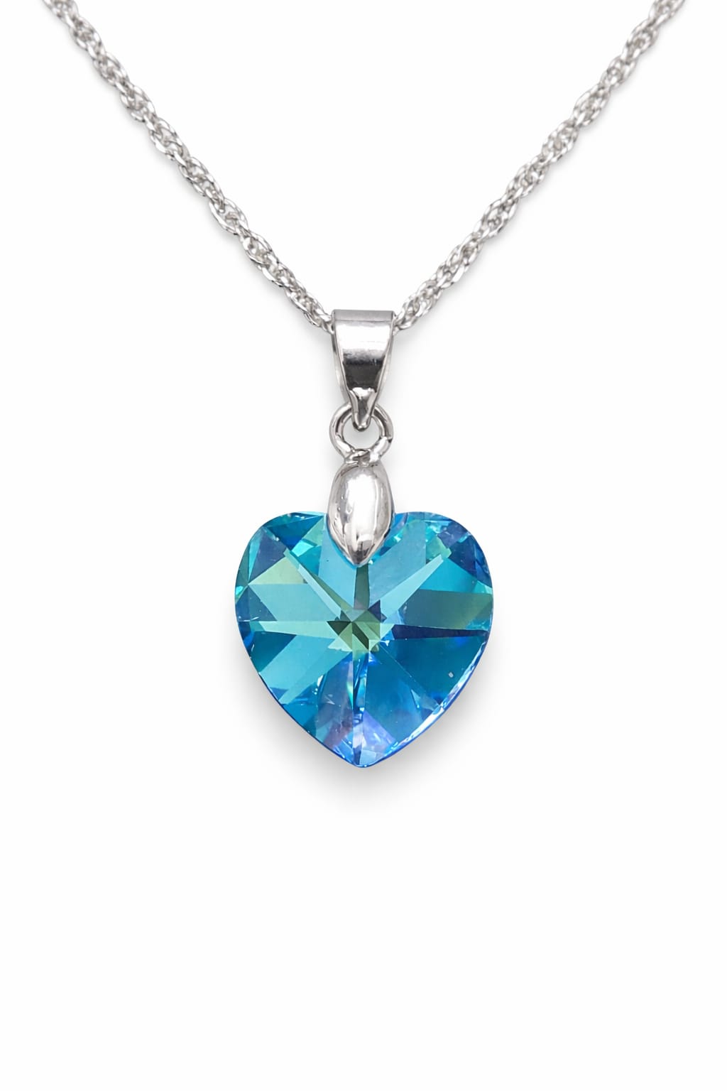 Colar Feminino Prata Singapura com Pingente Coração Swarovski 14mm Aquamarine AB