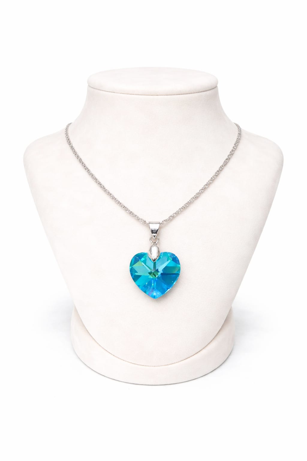 Colar Feminino Prata Singapura com Pingente Coração Swarovski 14mm Aquamarine AB
