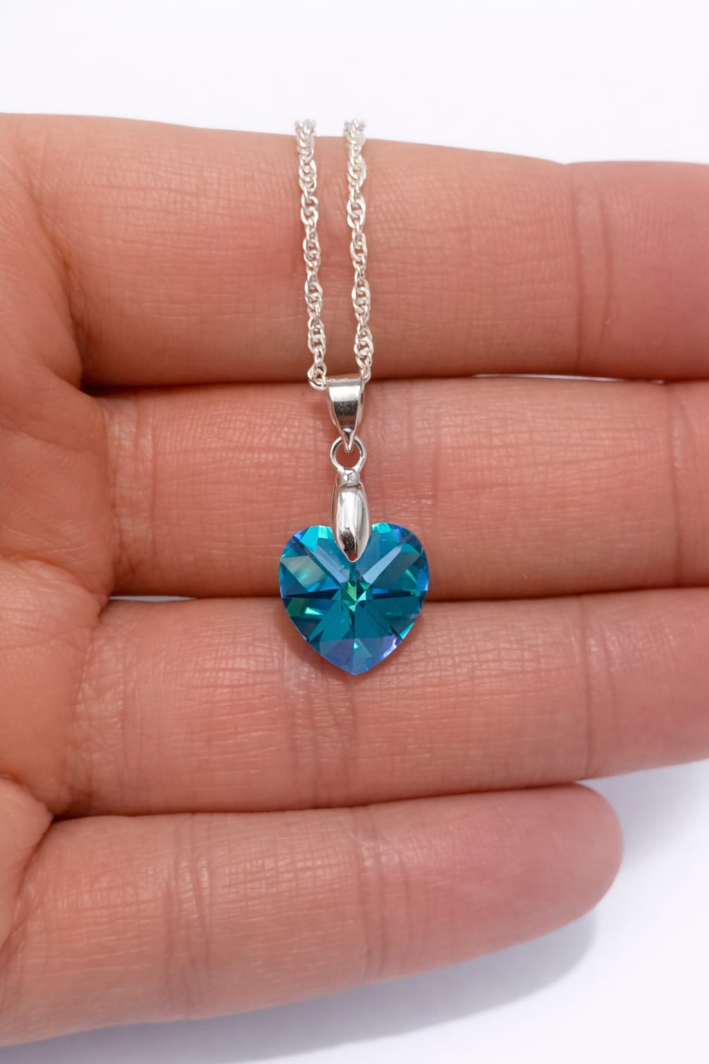 Colar Feminino Prata Singapura com Pingente Coração Swarovski 14mm Aquamarine AB