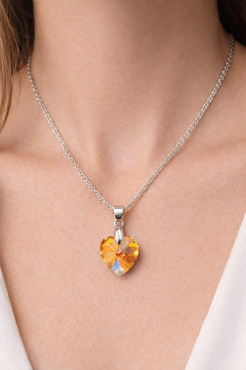 Colar Feminino Prata Singapura com Pingente Coração Swarovski 14mm Aurora Boreal