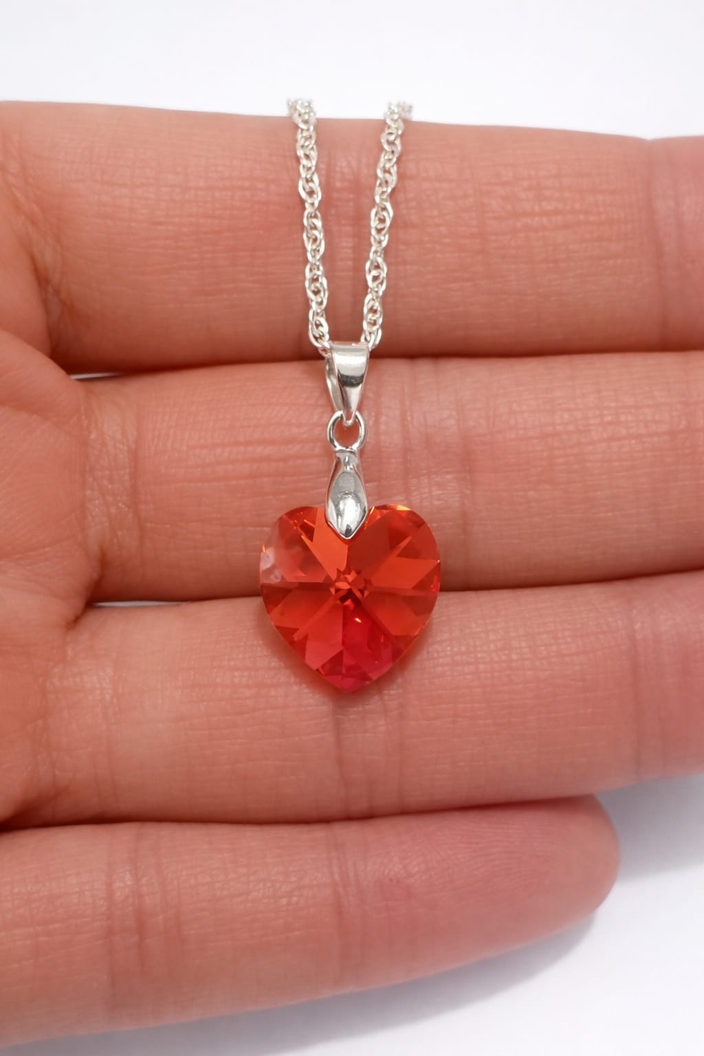 Colar Feminino Prata Singapura com Pingente Coração Swarovski 18mm Rose AB