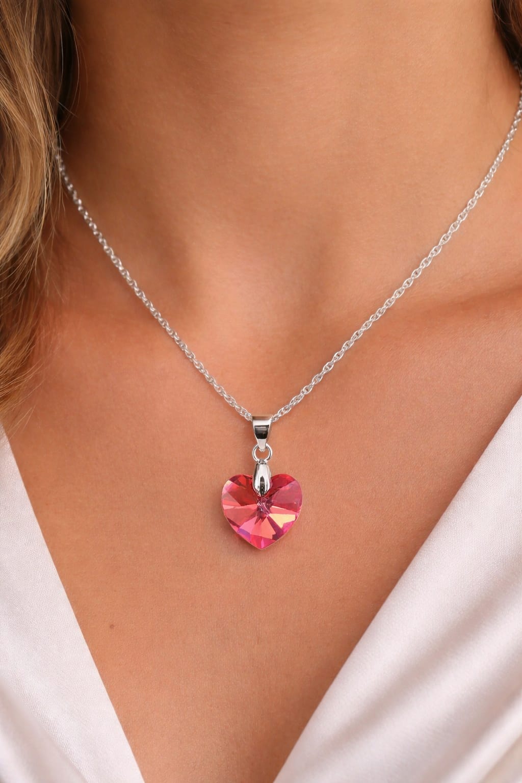 Colar Feminino Prata Singapura com Pingente Coração Swarovski 18mm Rose AB