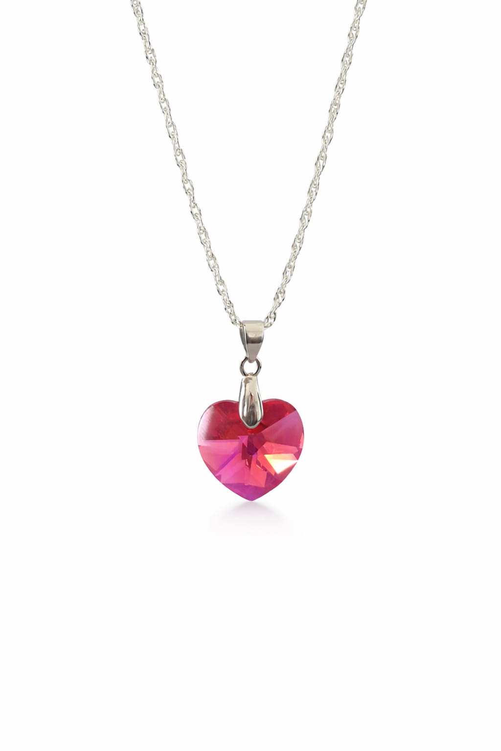 Colar Feminino Prata Singapura com Pingente Coração Swarovski 18mm Rose AB