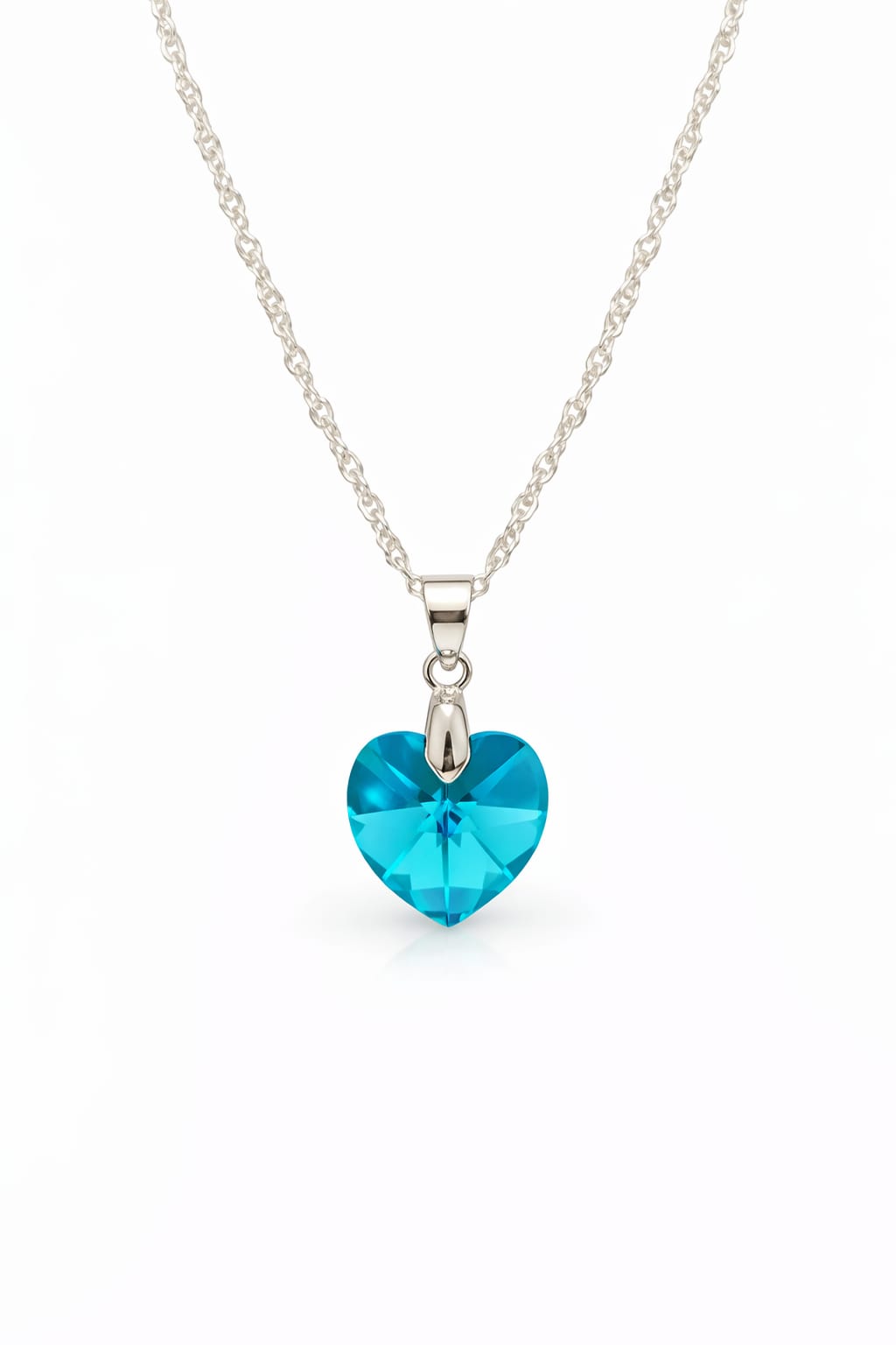 Colar Feminino Prata Singapura com Pingente Coração Swarovski 18mm Blue AB