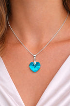 Colar Feminino Prata Singapura com Pingente Coração Swarovski 18mm Blue AB