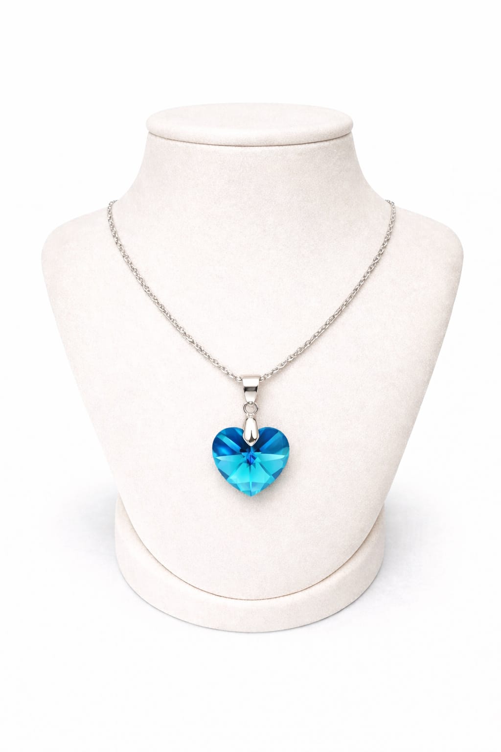 Colar Feminino Prata Singapura com Pingente Coração Swarovski 18mm Blue AB