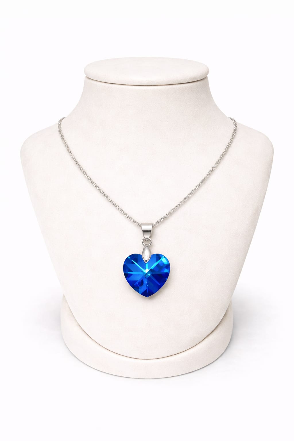 Colar Feminino Prata Singapura com Pingente Coração Swarovski 18mm Bermuda Blue