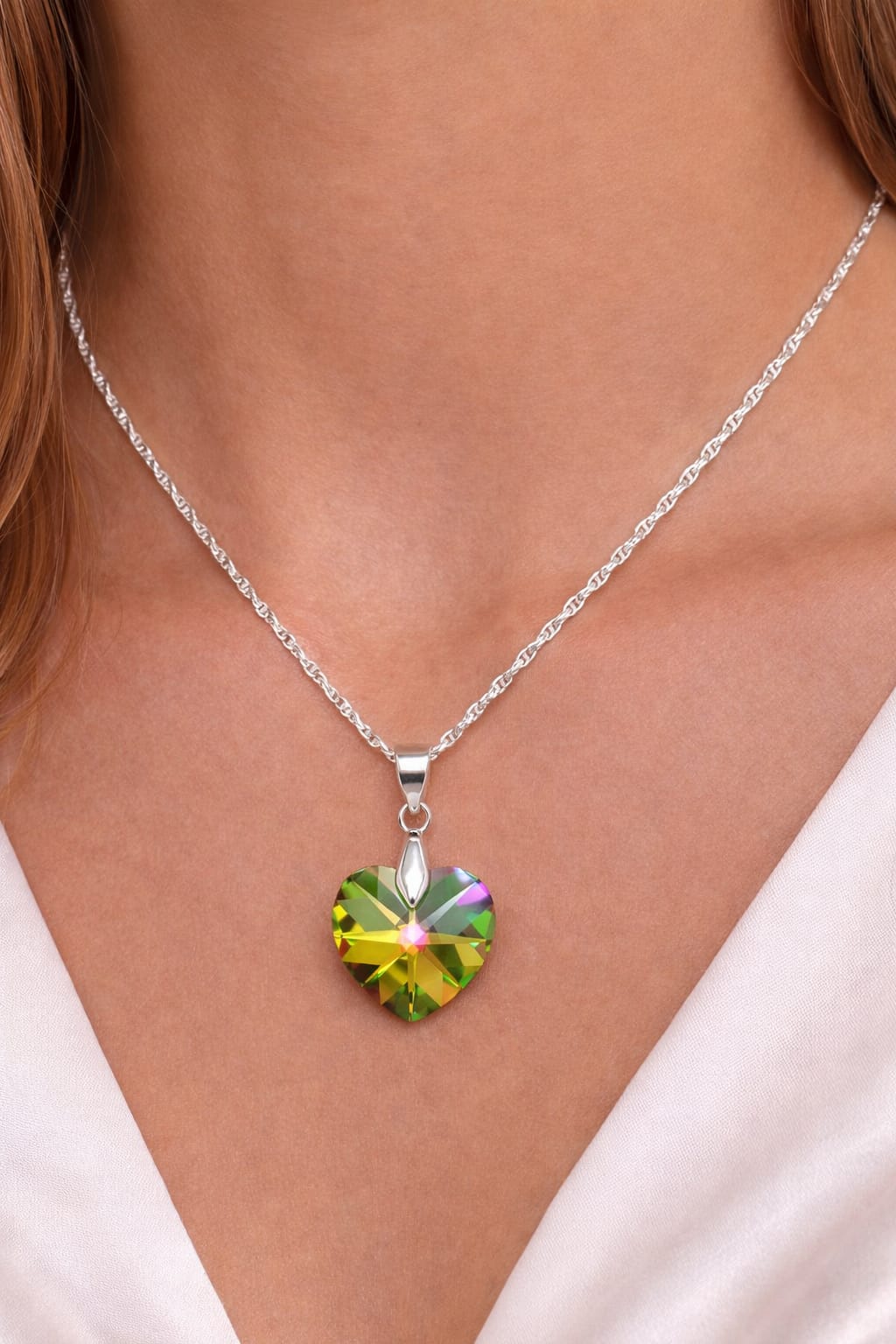 Colar Feminino Prata Singapura com Pingente Coração Swarovski 18mm Vitrail Medium