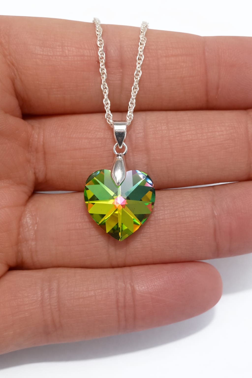 Colar Feminino Prata Singapura com Pingente Coração Swarovski 18mm Vitrail Medium