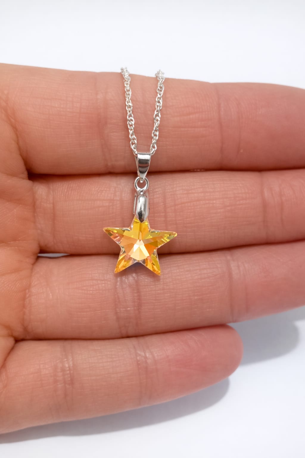 Colar Feminino Prata Singapura com Pingente Estrela Swarovski 20mm Aurora Boreal