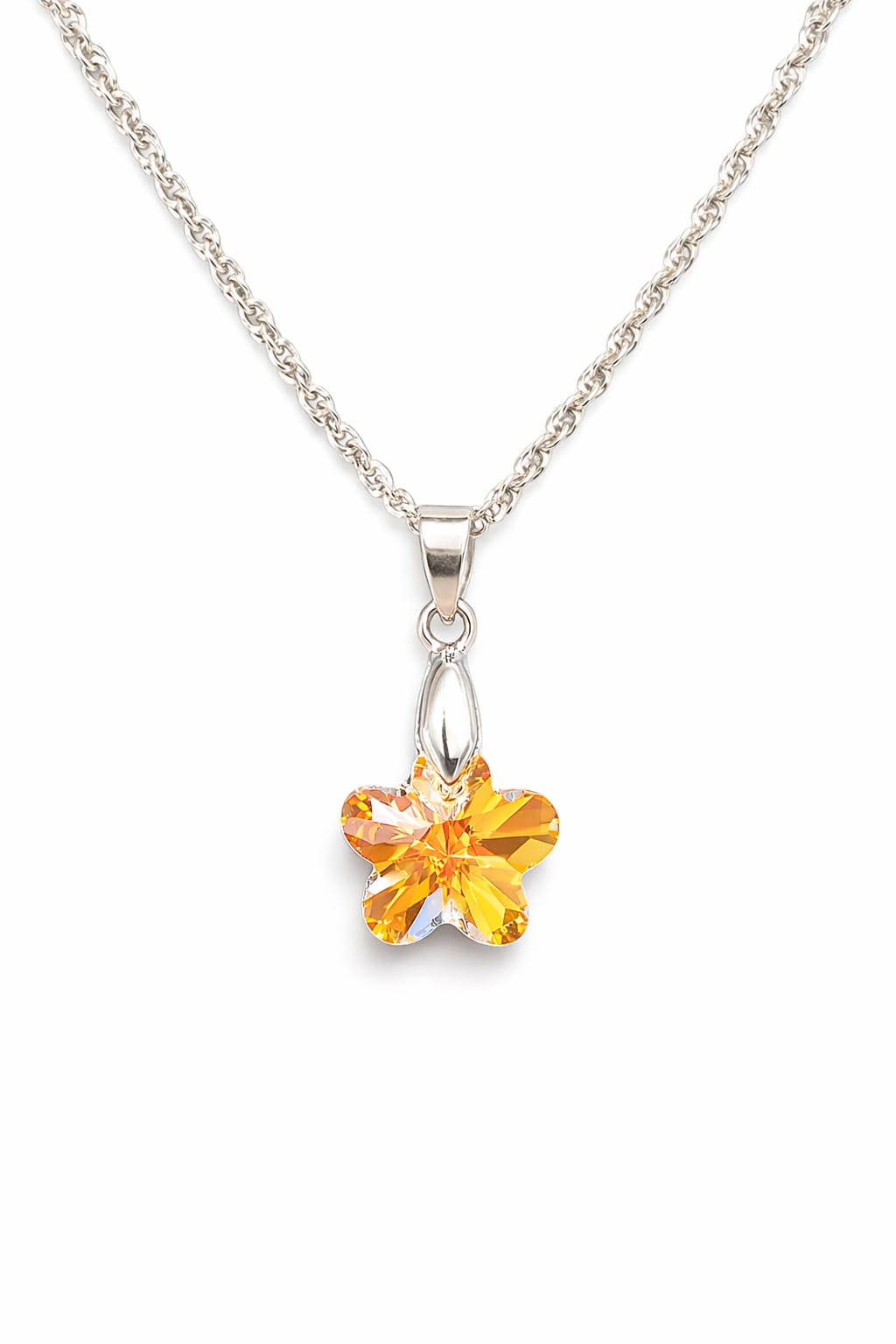 Colar Feminino Prata Singapura com Pingente Flor Swarovski 12mm Aurora Boreal