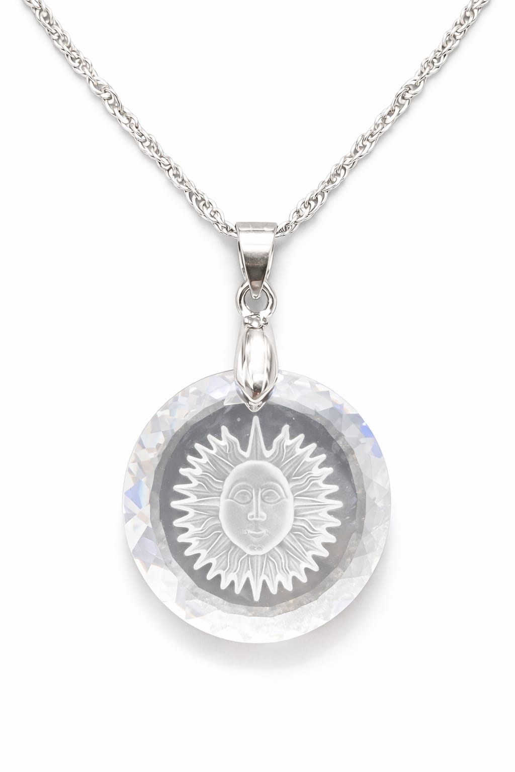 Colar Feminino Prata Singapura com Pingente Medalhão Sol Swarovski 25mm Crystal