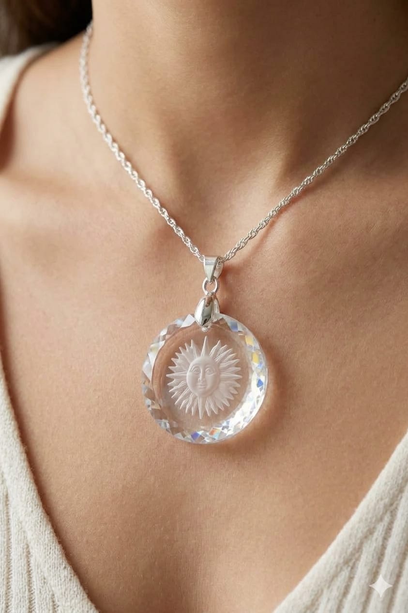 Colar Feminino Prata Singapura com Pingente Medalhão Sol Swarovski 25mm Crystal