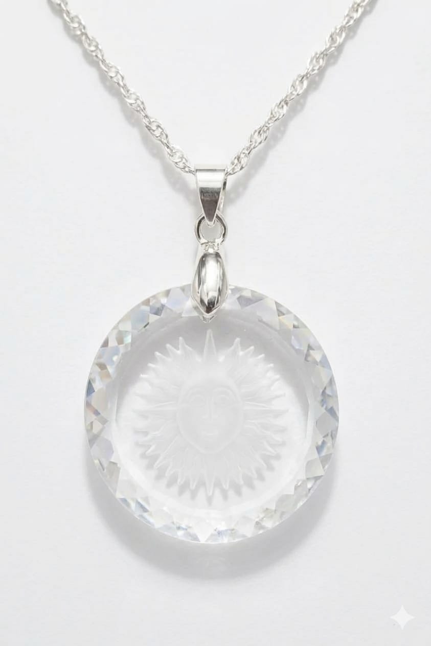 Colar Feminino Prata Singapura com Pingente Medalhão Sol Swarovski 25mm Crystal