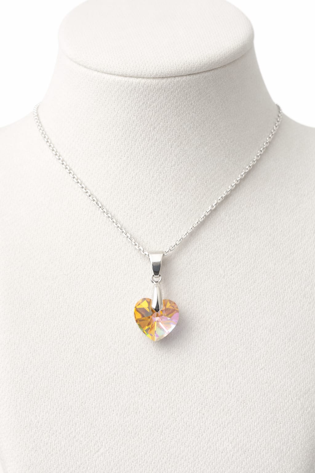 Colar Feminino Prata Singapura com Pingente Coração Swarovski 10mm Aurora Boreal