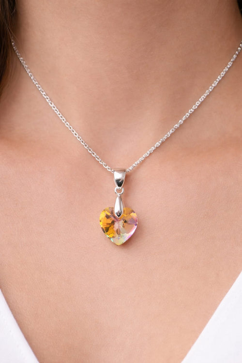 Colar Feminino Prata Singapura com Pingente Coração Swarovski 10mm Aurora Boreal