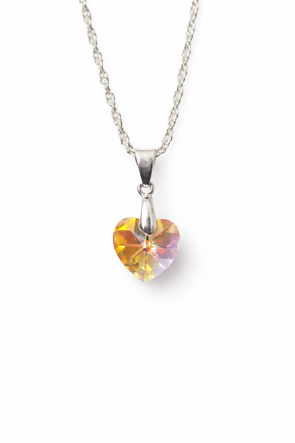 Colar Feminino Prata Singapura com Pingente Coração Swarovski 10mm Aurora Boreal