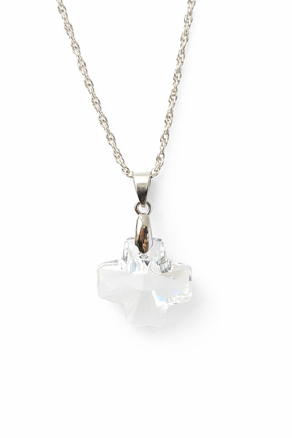 Colar Feminino Prata Singapura com Pingente Cruz Swarovski 20mm Crystal