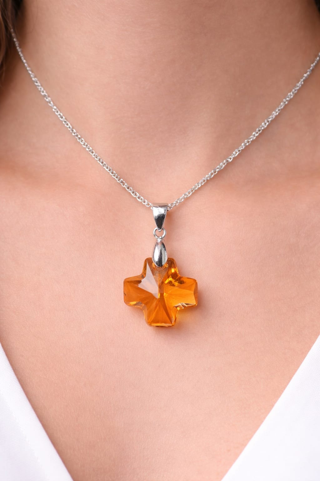 Colar Feminino Prata Singapura com Pingente Cruz Swarovski 20mm Topázio