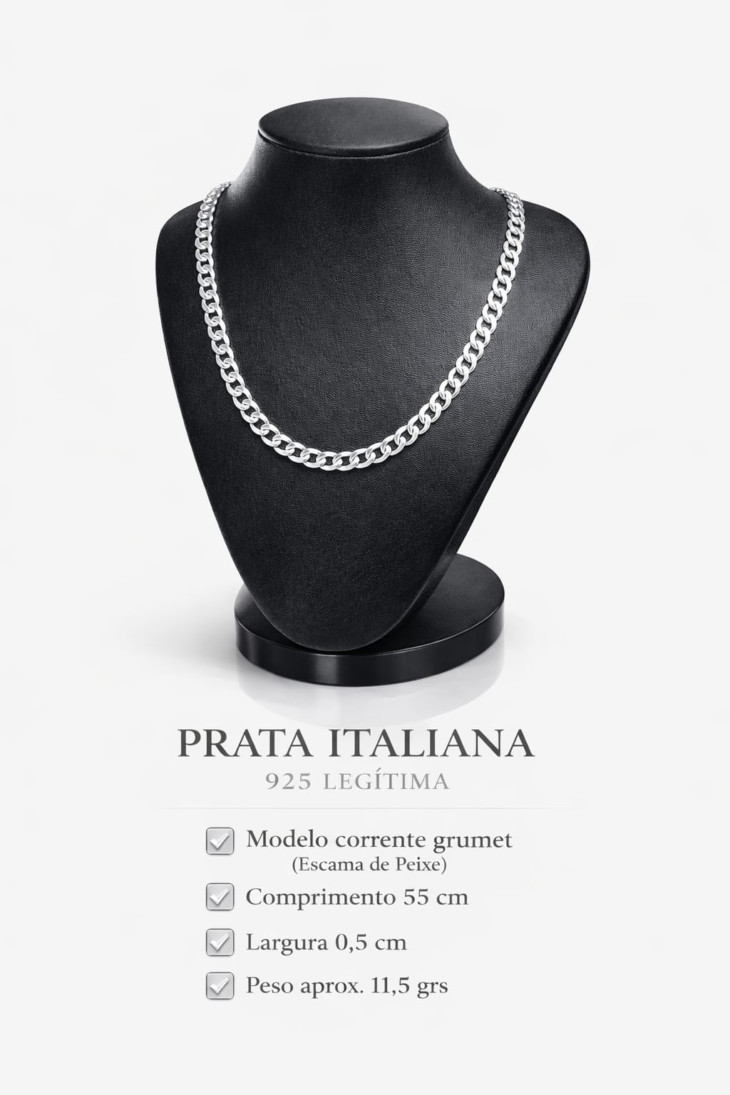 Corrente Prata 925 Masculino Grumet 55cm 0,5cm 11,5g