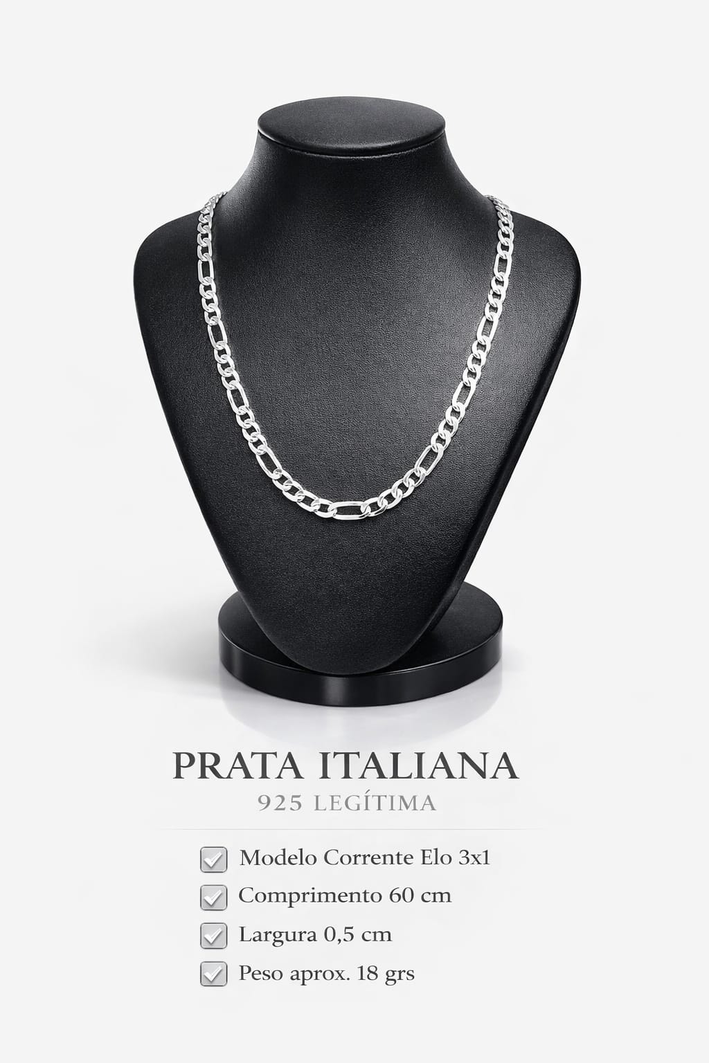 Corrente Prata 925 Masculino Elo 3x1 60cm 0,5cm 18g