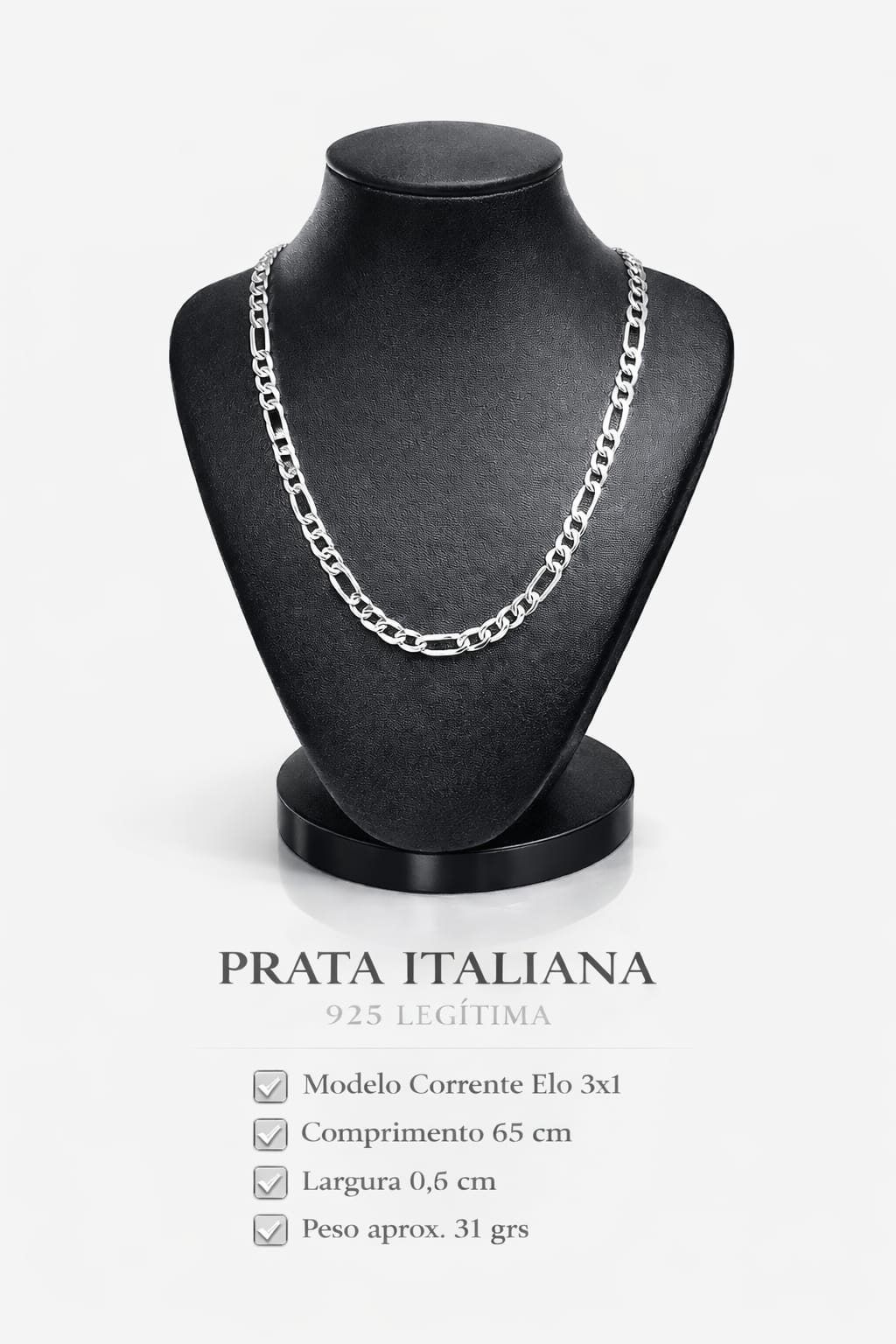 Corrente Prata 925 Masculino Elo 3x1 65cm 0,6cm 31g