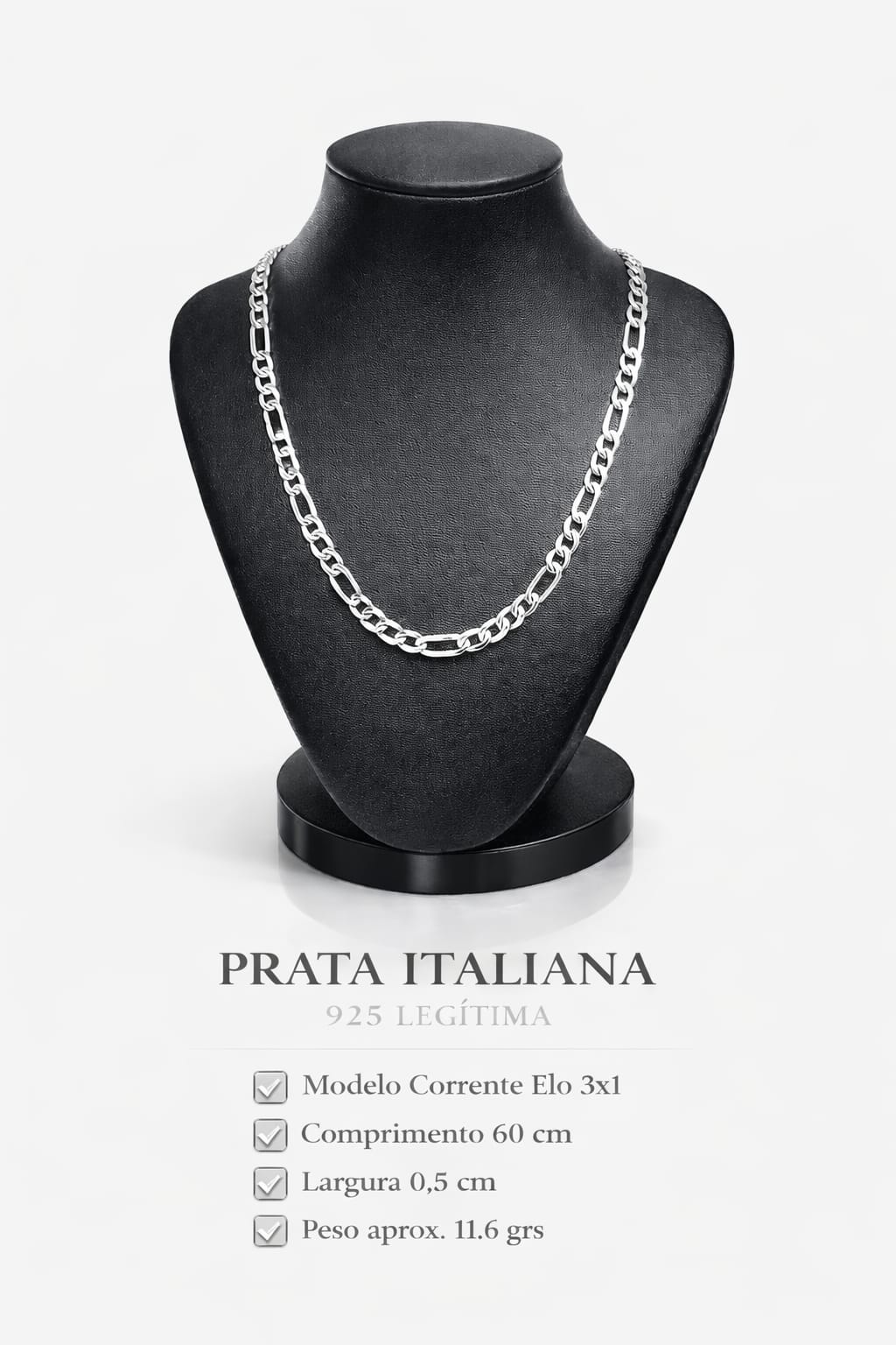 Corrente Prata 925 Masculino Elo 3x1 60cm 0,5cm 11,6g