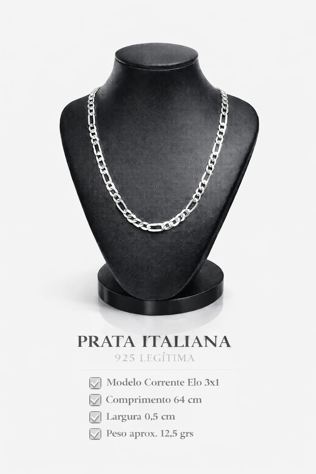 Corrente Prata 925 Masculino Elo 3x1 64cm 0,5cm 12,5g