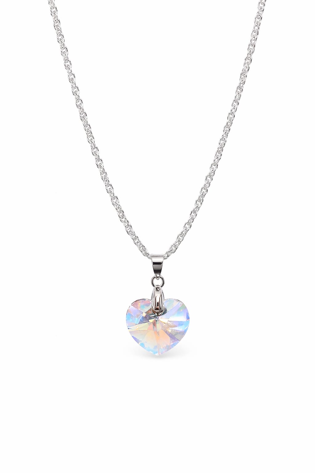 Colar Feminino Prata Singapura com Pingente Coração Swarovski 18mm Aurora Boreal