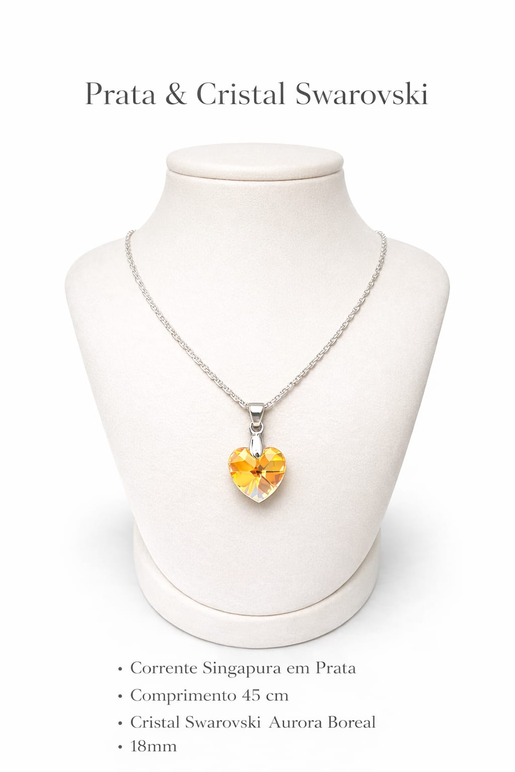 Colar Feminino Prata Singapura com Pingente Coração Swarovski 18mm Aurora Boreal