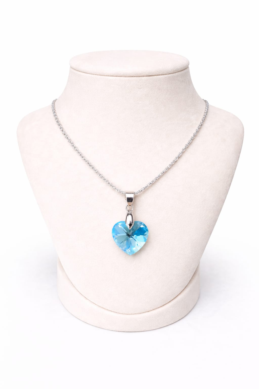 Colar Feminino Prata Singapura com Pingente Coração Swarovski 14mm Aquamarine