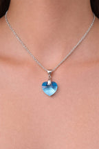Colar Feminino Prata Singapura com Pingente Coração Swarovski 14mm Aquamarine