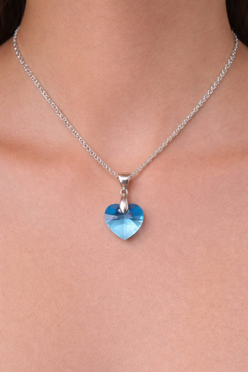 Colar Feminino Prata Singapura com Pingente Coração Swarovski 14mm Aquamarine