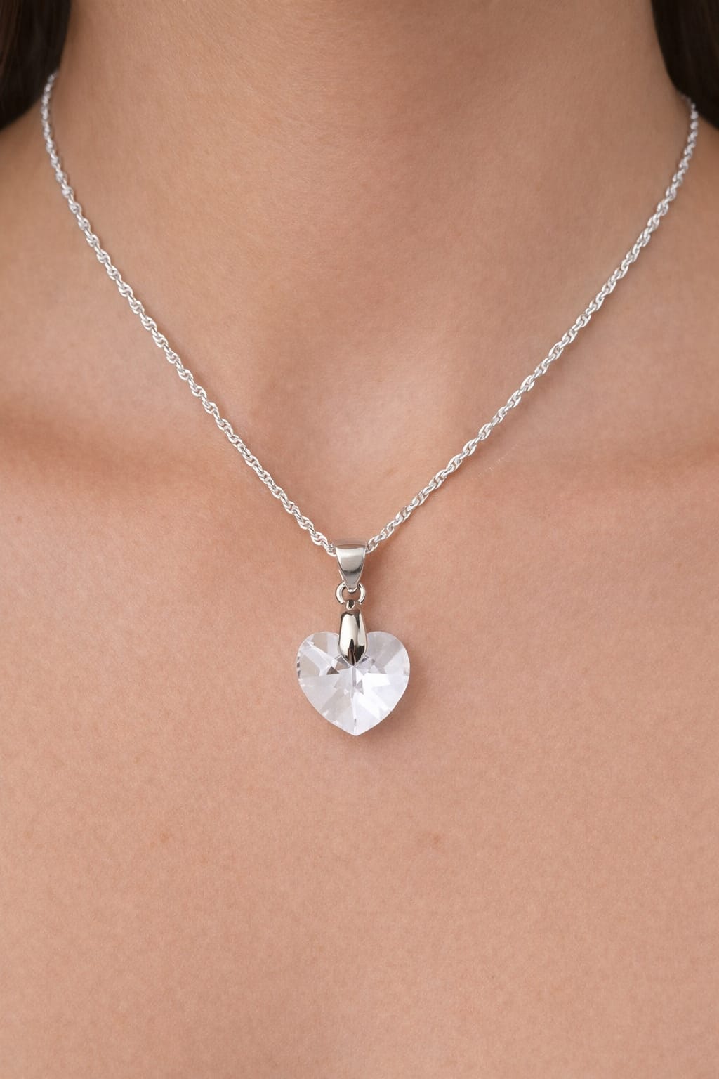 Colar Feminino Prata Singapura com Pingente Coração Swarovski 14mm Crystal
