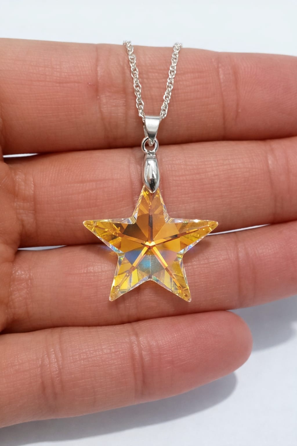 Colar Feminino Prata Singapura com Pingente Estrela Swarovski 28mm Aurora Boreal