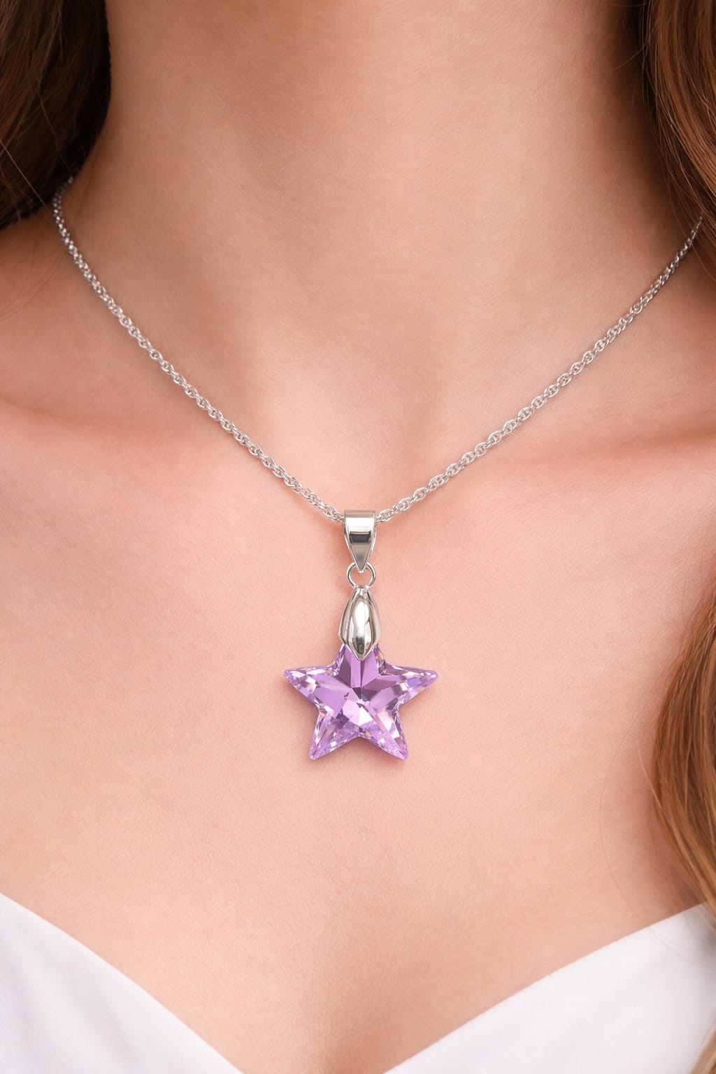 Colar Feminino Prata Singapura com Pingente Estrela Swarovski 20mm Vitrail Lighti