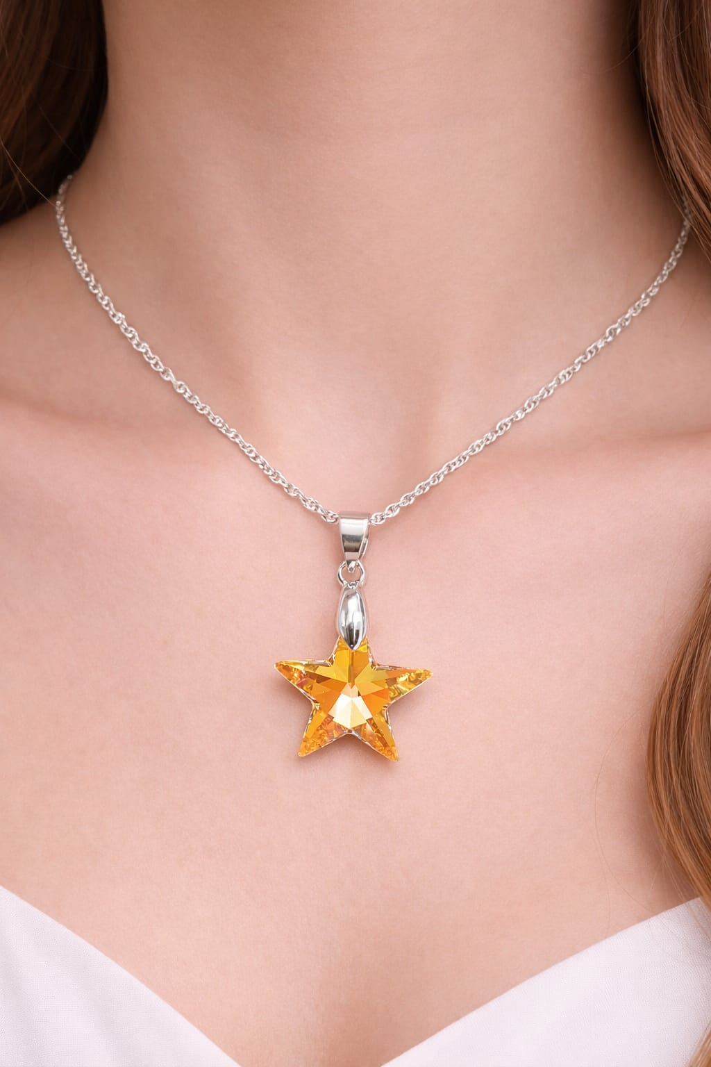 Colar Feminino Prata Singapura com Pingente Estrela Swarovski 20mm Aurora Boreal