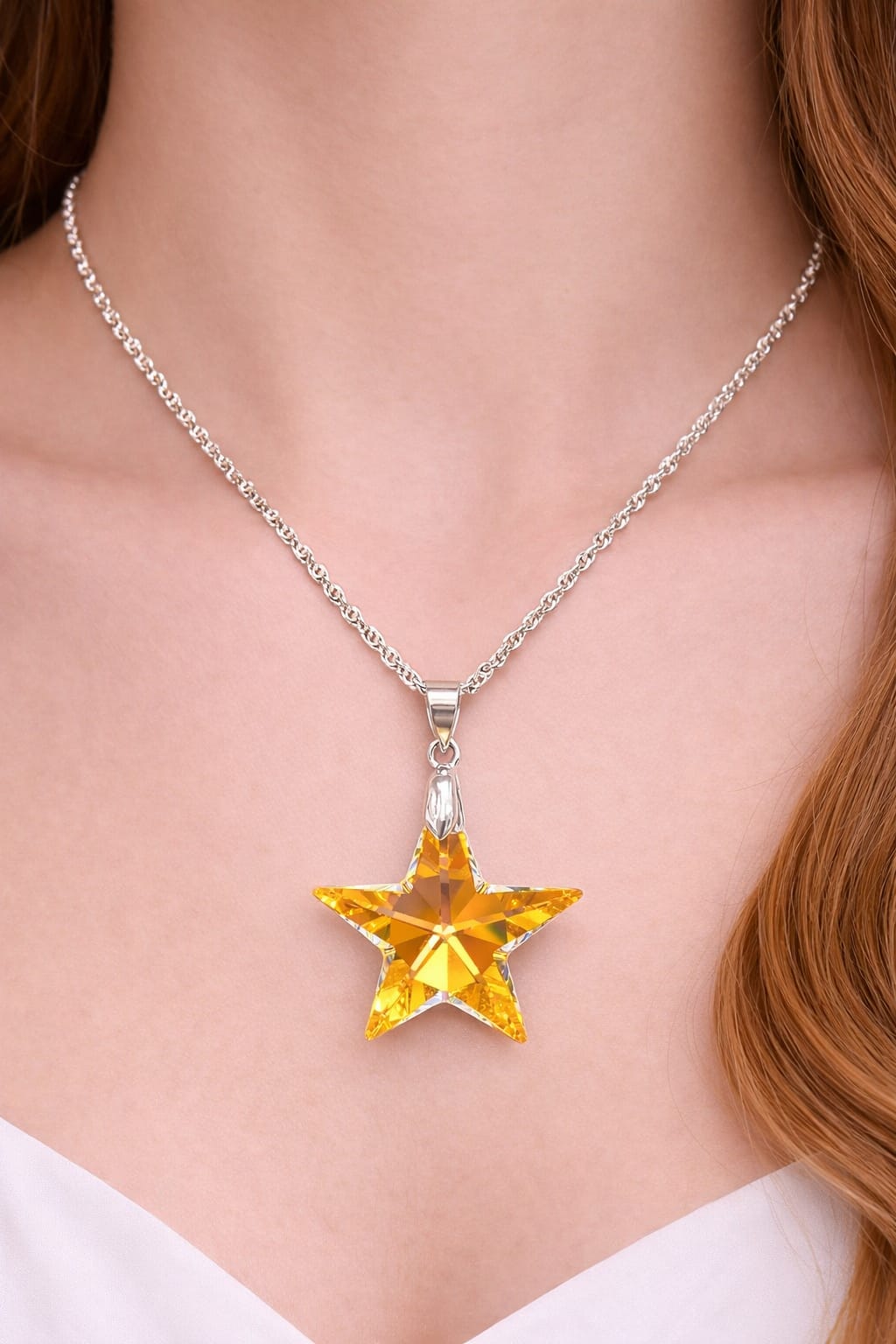 Colar Feminino Prata Singapura com Pingente Estrela Swarovski 28mm Aurora Boreal