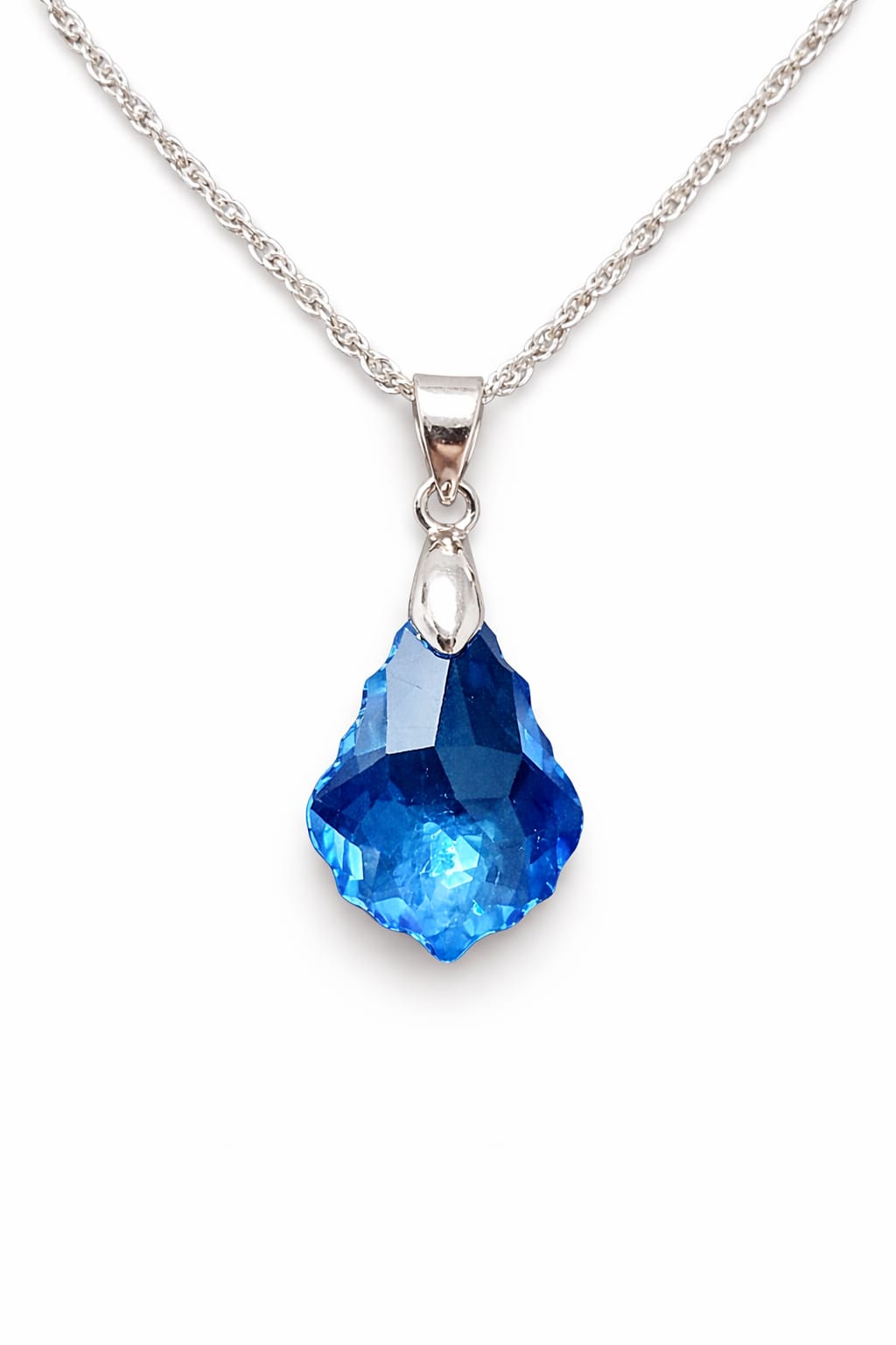 Colar Feminino Prata Singapura com Pingente Folha Milênio Swarovski 22mm Aquamarine
