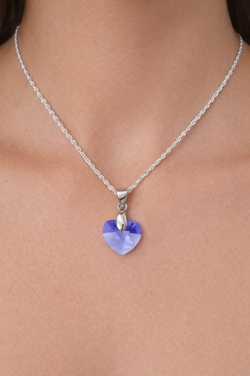 Colar Feminino Prata Singapura com Pingente Coração Swarovski 14mm Violet