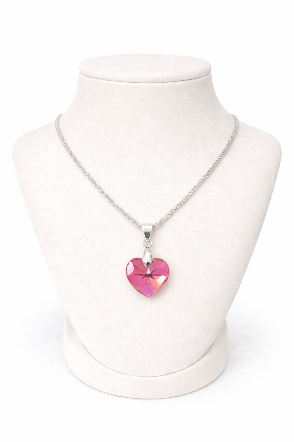 Colar Feminino Prata Singapura com Pingente Coração Swarovski 18mm Rose AB