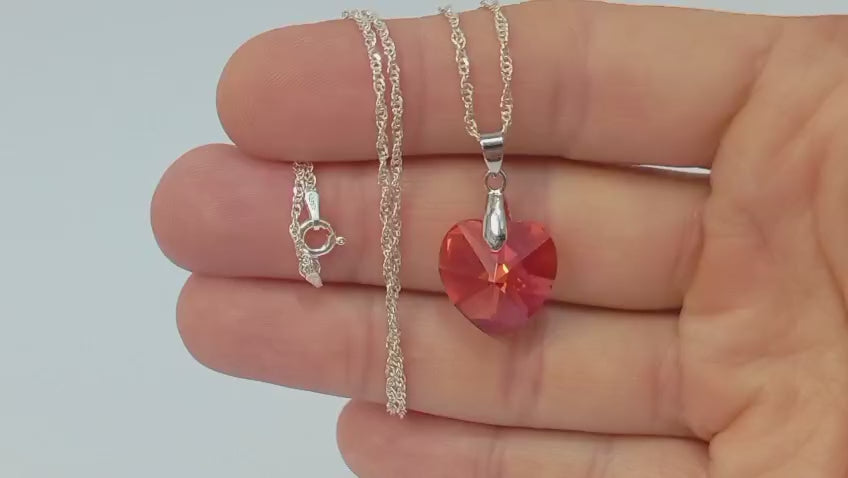 Colar Feminino Prata Singapura com Pingente Coração Swarovski 18mm Rose AB
