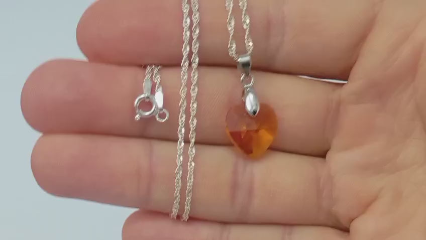 Colar Feminino Prata Singapura com Pingente Coração Swarovski 14mm Topázio