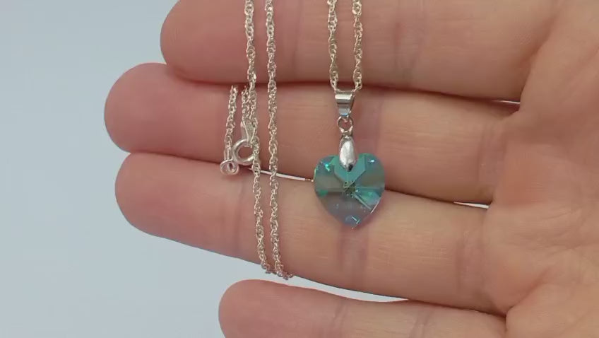 Colar Feminino Prata Singapura com Pingente Coração Swarovski 14mm Aquamarine AB