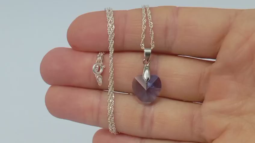 Colar Feminino Prata Singapura com Pingente Coração Swarovski 14mm Violet