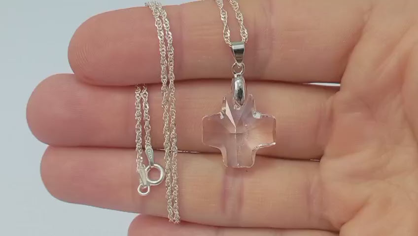 Colar Feminino Prata Singapura com Pingente Cruz Swarovski 20mm Crystal